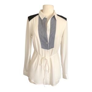 Maeve Anthropologie Button Up Chambray Contrast Chiffon Long Sleeve Blouse Sz 0